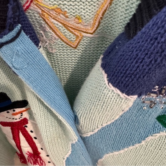Quacker Factory Snowman Winter Cardigan‎ Sweater Appliqué Beads Colorful Large - Picture 8 of 11